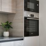 A sleek modern kitchen showcases built-in appliances with a chic plant accent on the countertop.