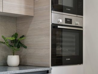 A sleek modern kitchen showcases built-in appliances with a chic plant accent on the countertop.